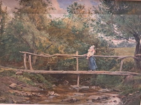 Coloured oil painting showing a woman carrying a child walking across a wooden footbridge over a stream surrounded by trees and fields
