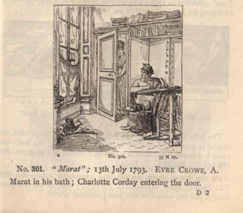 Black and white line drawing showing a man in a bath and a woman entering through a door